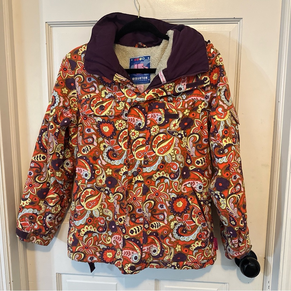Burton Coat Girl XL Fleece Lined‎  Print Ski Winter Hood Coat Orange Purple